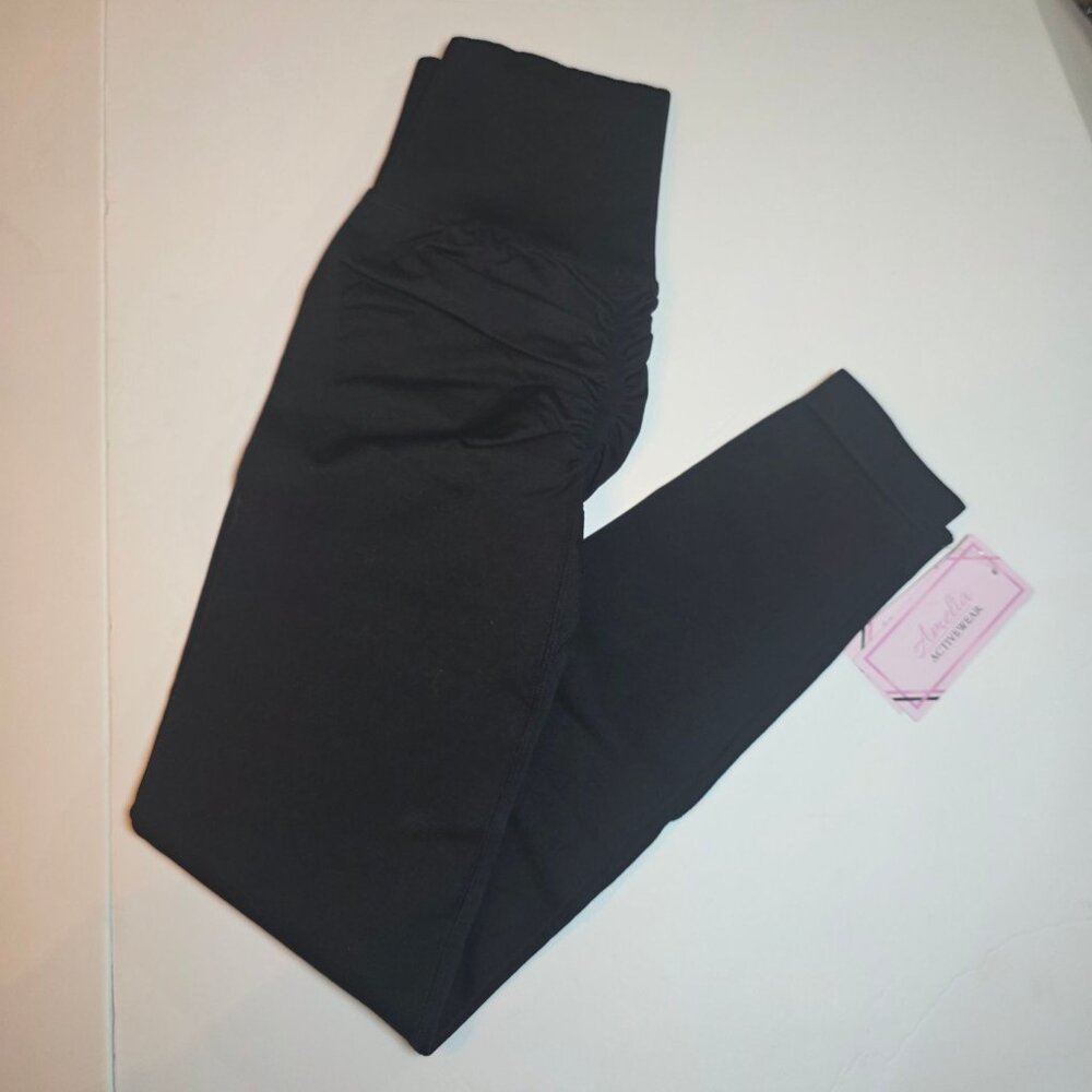 Amelia Activewear Womens Black High-Waisted Ruched Leggings S